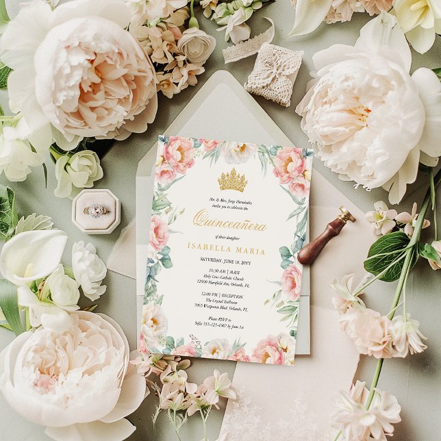 Budget Pink Gold Floral Quinceañera Invitation (This pink floral quinceanera invitation with gold crown is an elegant way to announce your party)