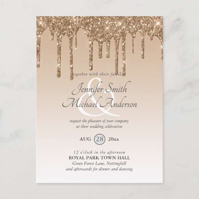 Budget Pink Gold Glitter Dripping WEDDING INVITE Postcard (Front)
