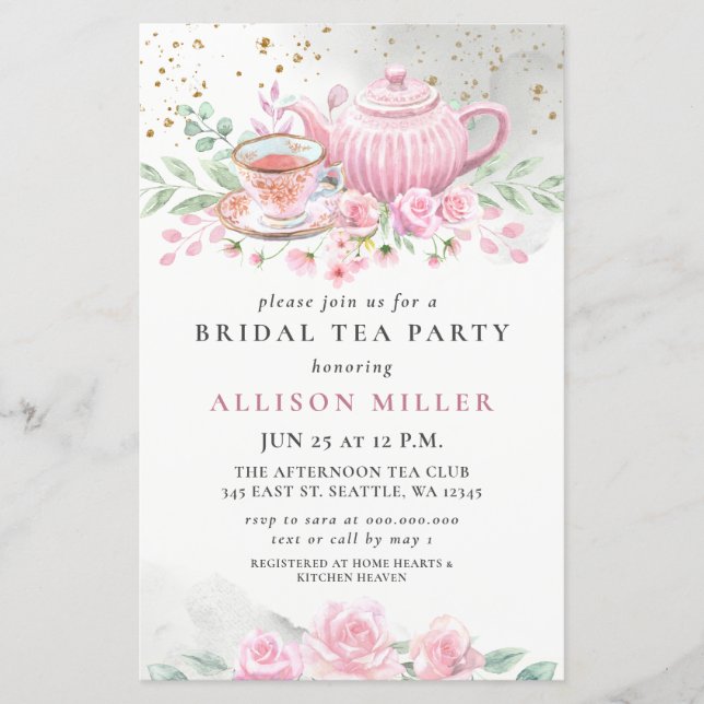 Budget Pink Gold Tea Party Bridal Shower Invite (Front)