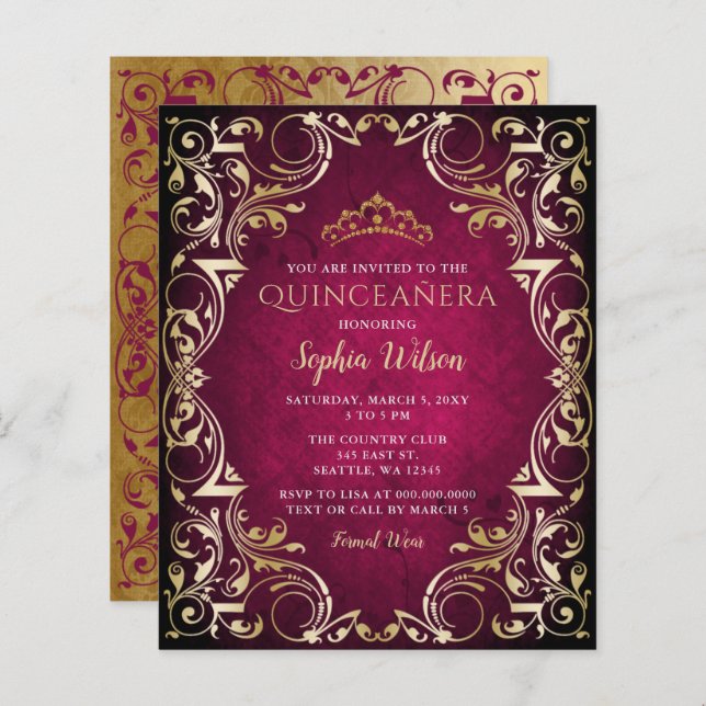 Budget Pink Gold Tiara Quinceañera Invitation (Front/Back)
