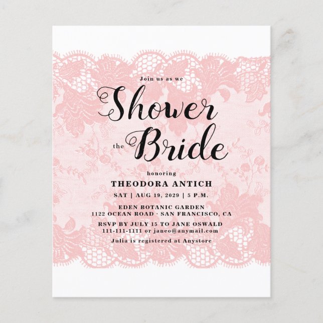 Budget Pink Lace Bridal Shower Invitation (Front)