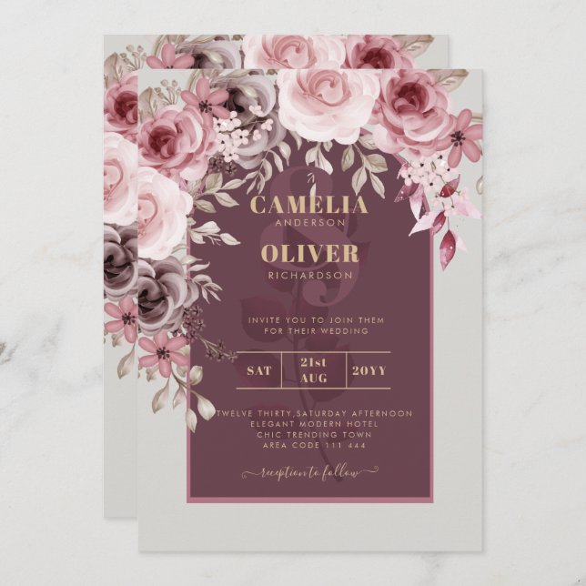 BUDGET Pink Maroon Wine Floral Wedding INVITE (Front/Back)