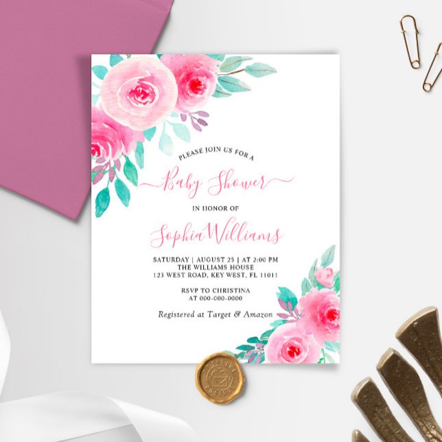 Budget Pink & Mint Floral Baby Shower Invitation (Creator Uploaded)