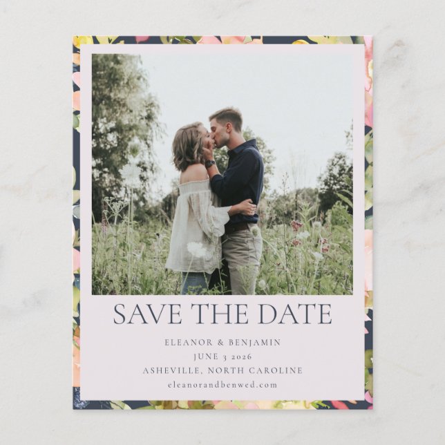 Budget Pink Navy Floral Photo Save The Date Card (Front)