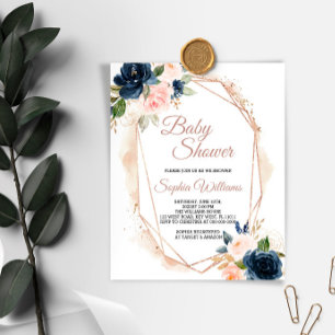 Budget Pink, Navy & Gold Baby Shower Invitation