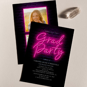 Budget Pink Neon Photo Graduation Party Invitation