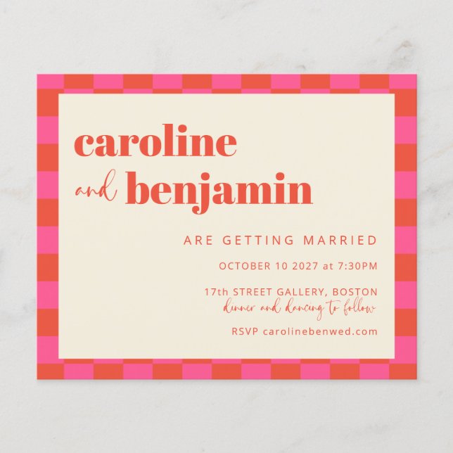 Budget Pink Orange Chequerboard Wedding Invite (Front)