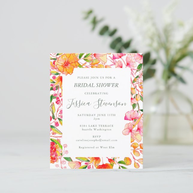 Budget Pink Orange Floral Bridal Shower Invite (Standing Front)