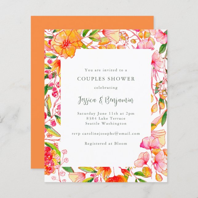 Budget Pink Orange Floral Couples Shower Invite (Front/Back)