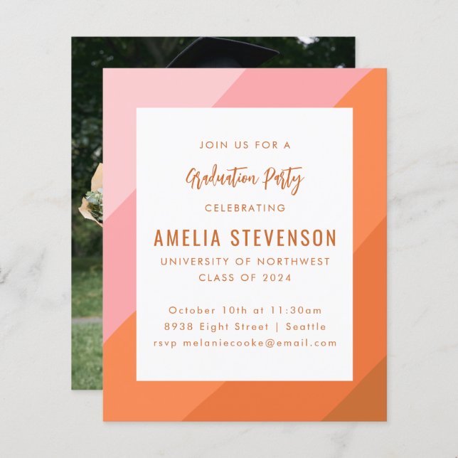 Budget Pink Orange Photo Graduation Party Invite (Front/Back)