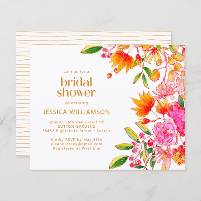 Budget Pink Orange Watercolor Floral Shower Invite (Front/Back)