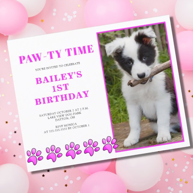 Budget Pink Pawty Time Dog Birthday Invitation (Creator Uploaded)