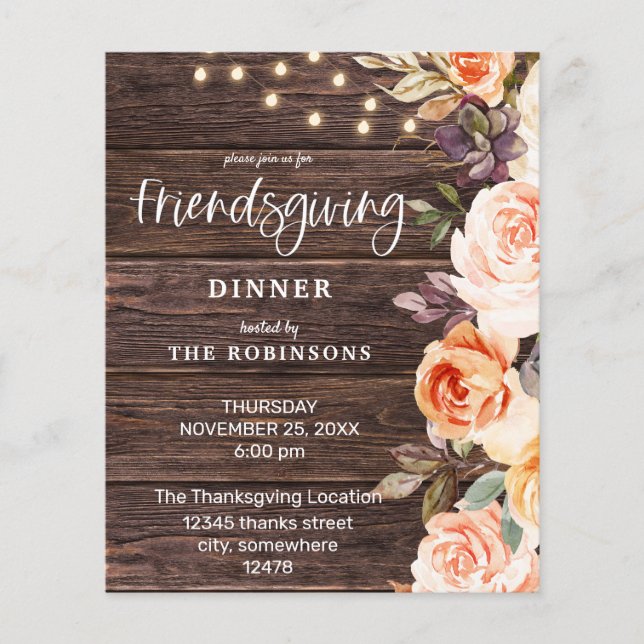 Budget Pink & Peach Floral w Lights Friendsgiving Flyer (Front)