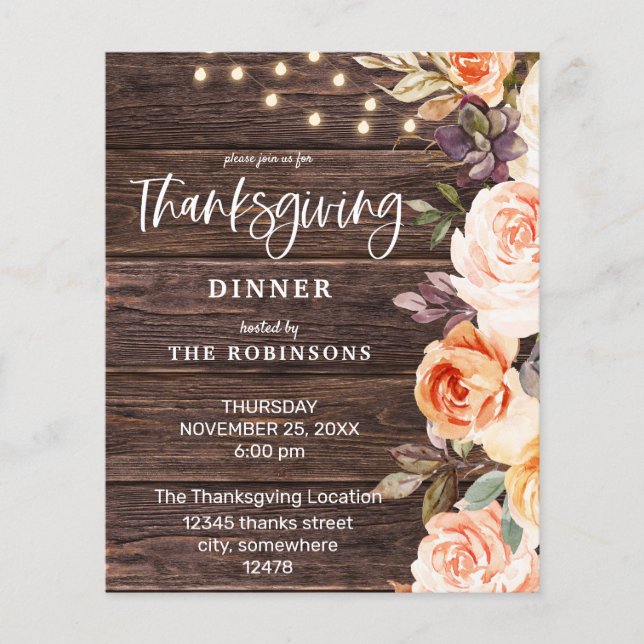 Budget Pink & Peach Floral w Lights Thanksgiving Flyer (Front)