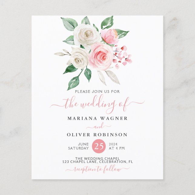 Budget Pink Peach Watercolor Floral Wedding Invite (Front)