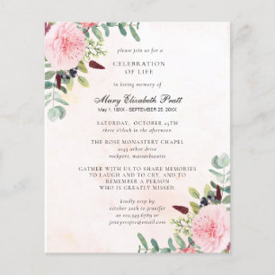 Budget Pink Peony Eucalyptus Funeral Invitation