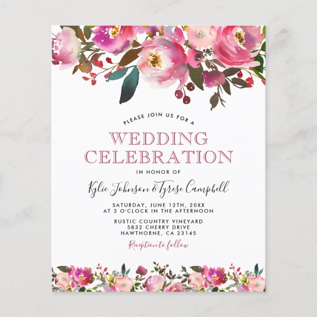 Budget Pink Peony Floral Wedding Invitation (Front)