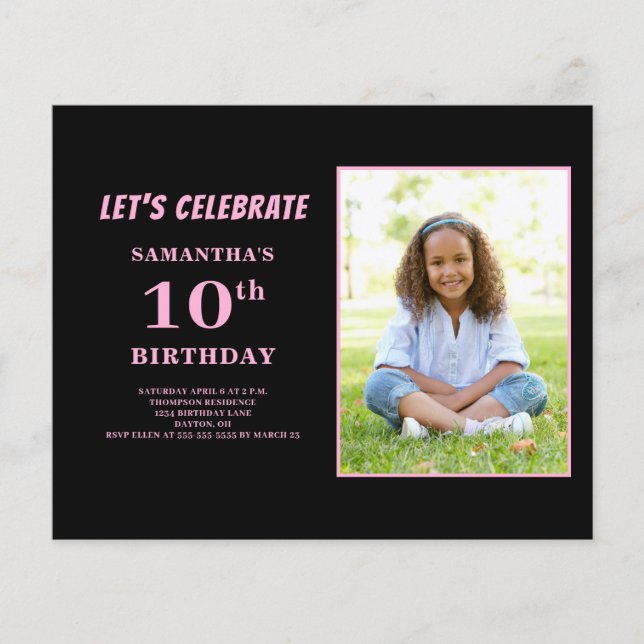 Budget Pink Photo 10th Birthday Invitation  (Front)