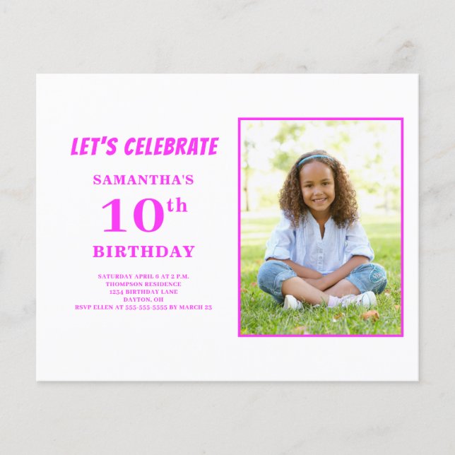 Budget  Pink Photo 10th Birthday Invitation  Flyer (Front)