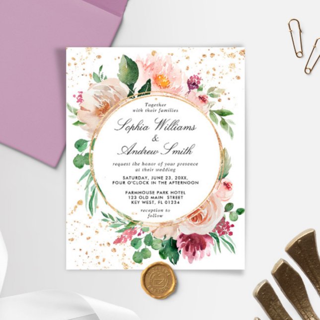 Budget Pink Pink Purple & Gold Wedding Invitation (Creator Uploaded)