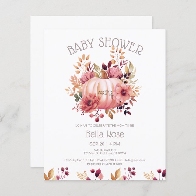 Budget Pink Pumpkin Floral Baby Shower Invitation (Front/Back)