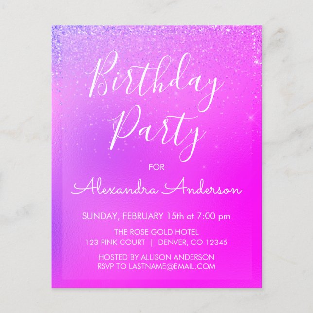 Budget Pink Purple Girly Glitter Any Age Birthday Flyer (Front)