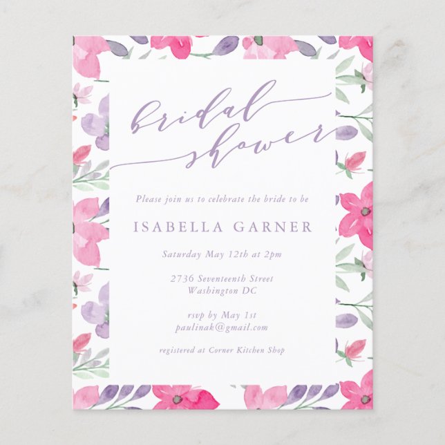 Budget Pink Purple Watercolor Floral Bridal Shower (Front)