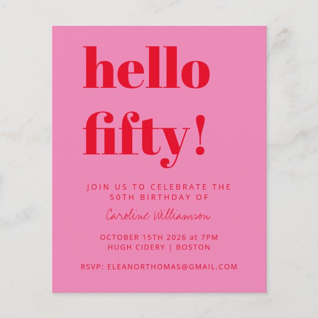 Budget Pink Red 50th Birthday Party Invitation (Front)