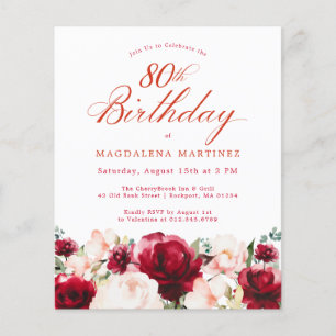 Budget Pink Red Floral 80th Birthday Invite