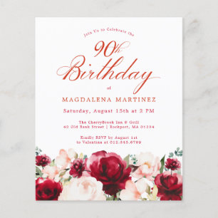 Budget Pink Red Floral 90th Birthday Invite