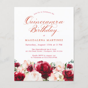 Budget Pink Red Floral Quinceanera Invite