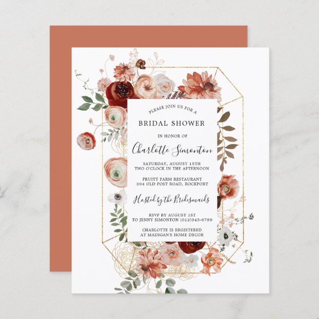 Budget Pink Red Gold Bridal Shower Invitation (Front/Back)