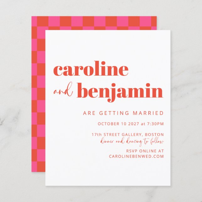 Budget Pink Red Simple Chequerboard Wedding Invite (Front/Back)