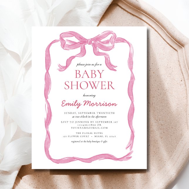 Budget Pink Ribbon Watercolor Bow Girl Baby Shower Flyer (Creator Uploaded)