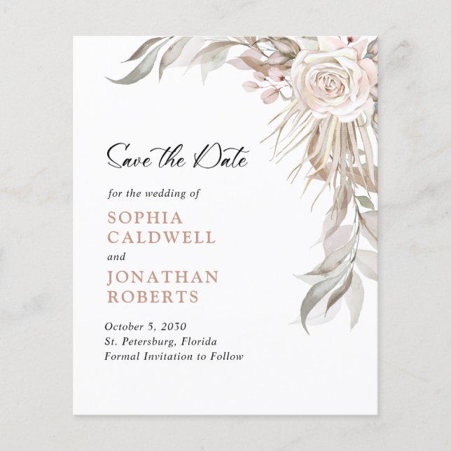 Budget Pink Rose Elegant Foliage Save the Date (Front)