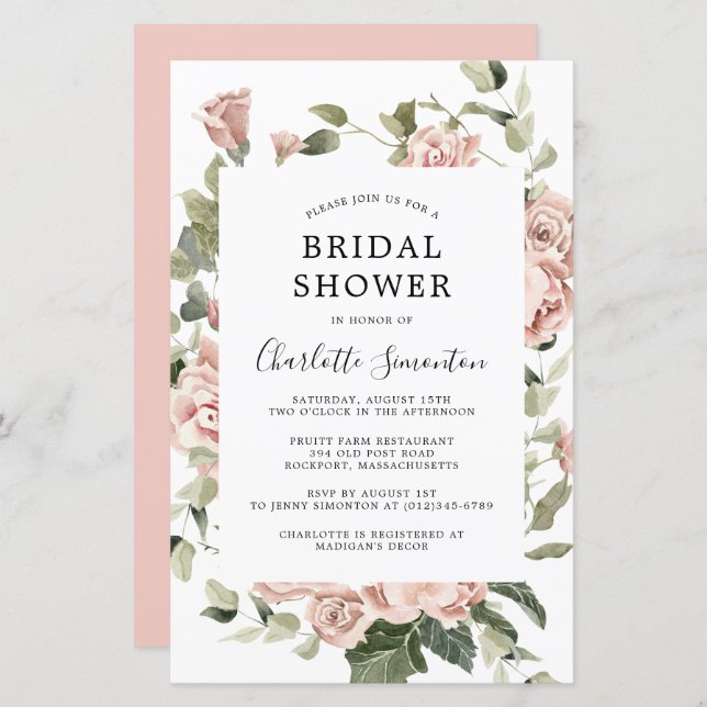 Budget Pink Rose Floral Bridal Shower Invitation (Front/Back)