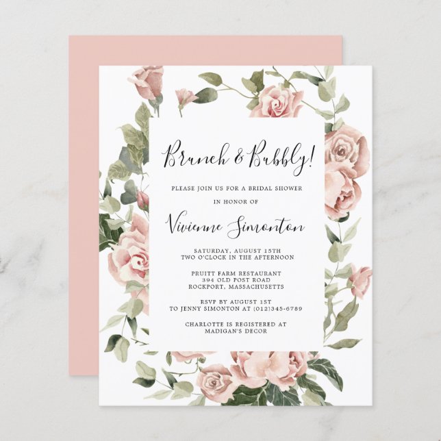 Budget Pink Rose Floral Brunch Bubbly Invitation (Front/Back)
