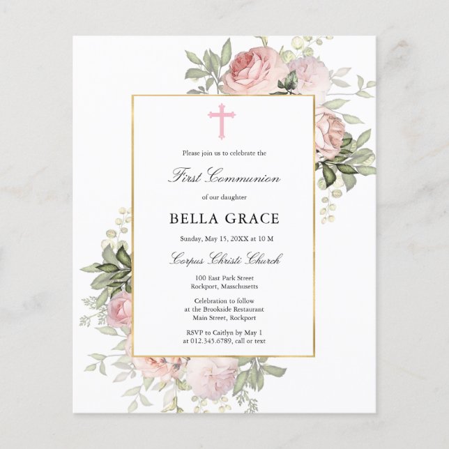 Budget Pink Rose Floral First Communion Invitation (Front)