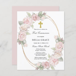 Budget Pink Rose Floral First Communion Invitation