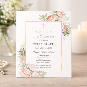 Budget Pink Rose Floral First Communion Invitation