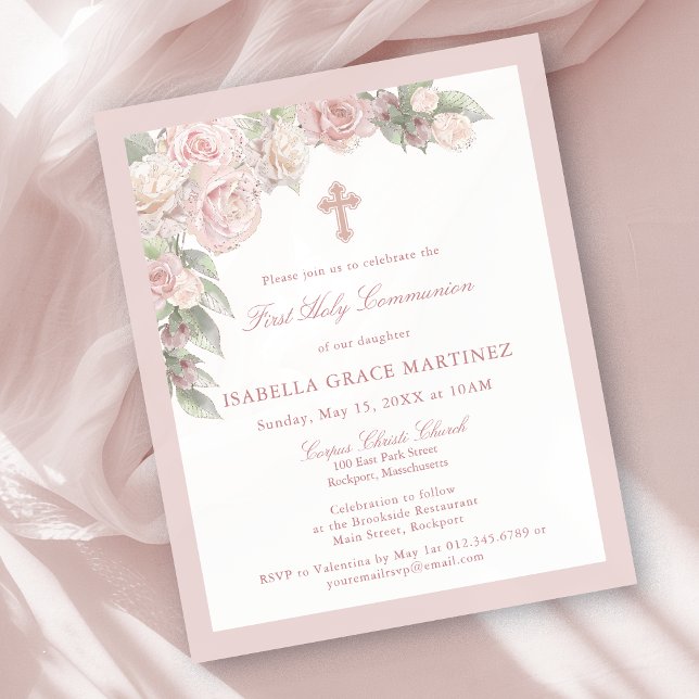 Budget Pink Rose Floral First Communion Invitation (Creator Uploaded)