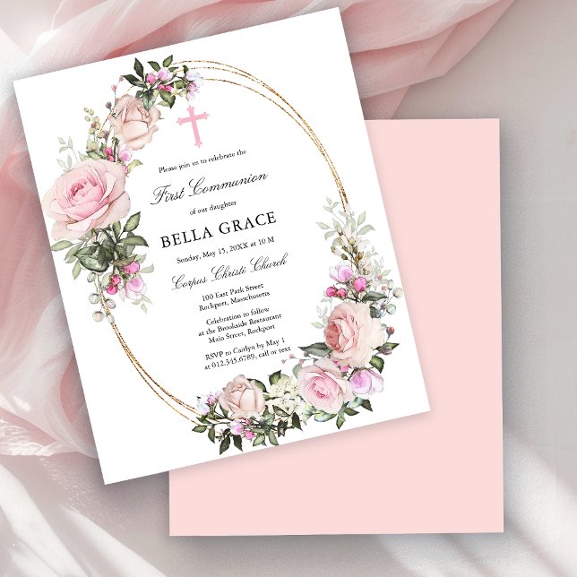 Budget Pink Rose Floral First Communion Invitation (Creator Uploaded)