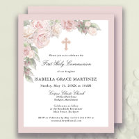 Budget Pink Rose Floral First Communion Invitation