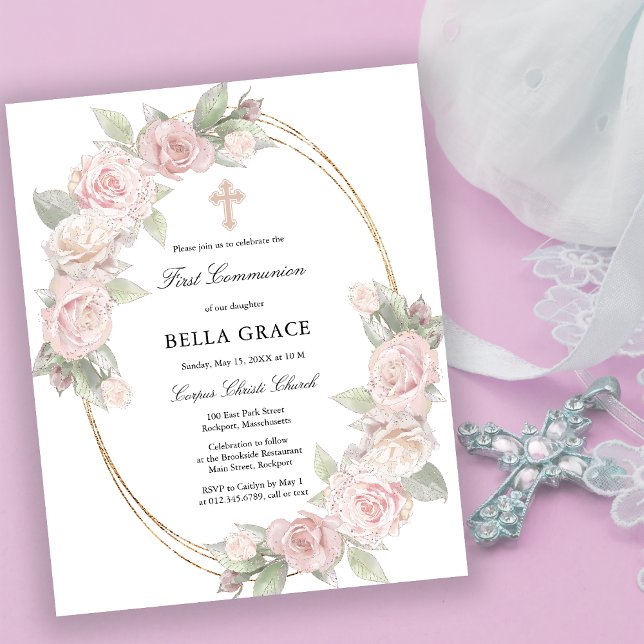 Budget Pink Rose Floral First Communion Invitation (Creator Uploaded)
