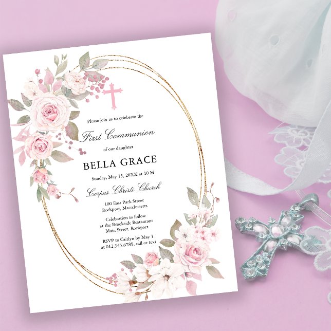 Budget Pink Rose Floral First Communion Invitation (Creator Uploaded)