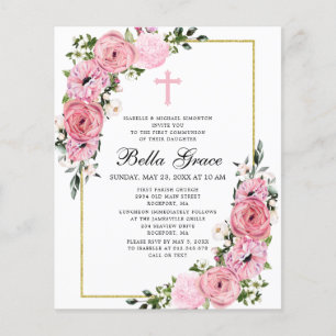 Budget Pink Rose Floral First Communion Invitation