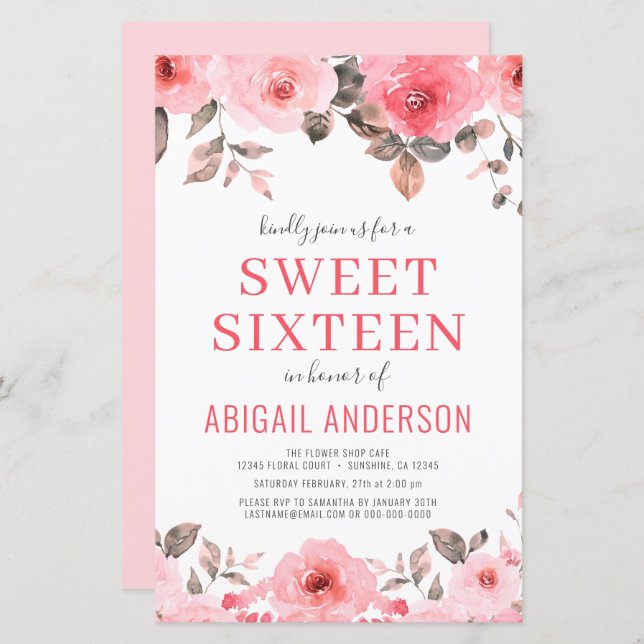 Budget Pink Rose Floral Sweet Sixteen Invitation (Front/Back)