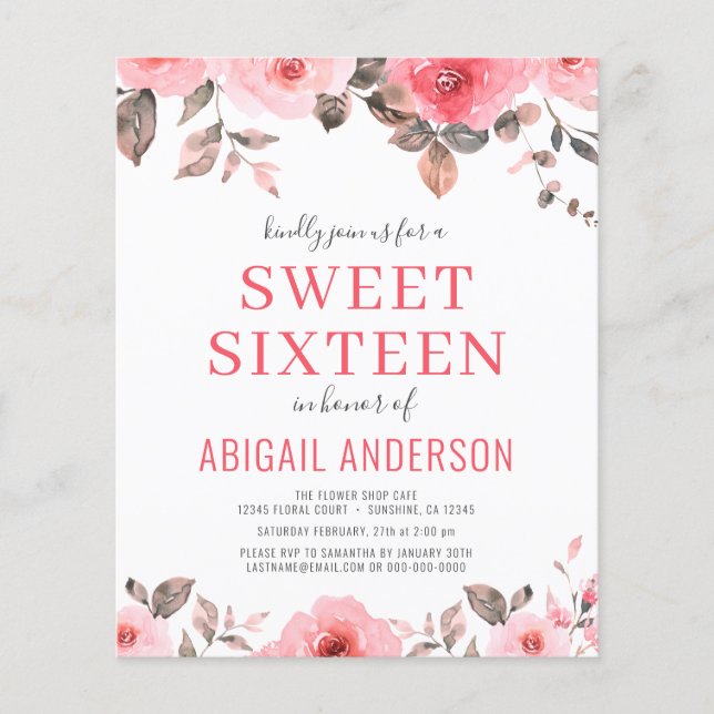 Budget Pink Rose Floral Sweet Sixteen Invitation Flyer (Front)