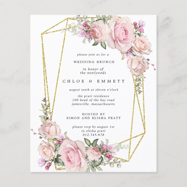 Budget Pink Rose Floral Wedding Brunch Invitation (Front)
