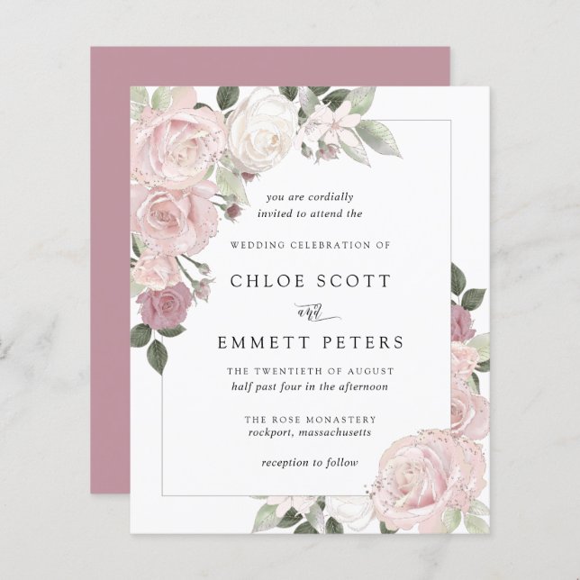 BUDGET Pink Rose Floral Wedding Invitation (Front/Back)